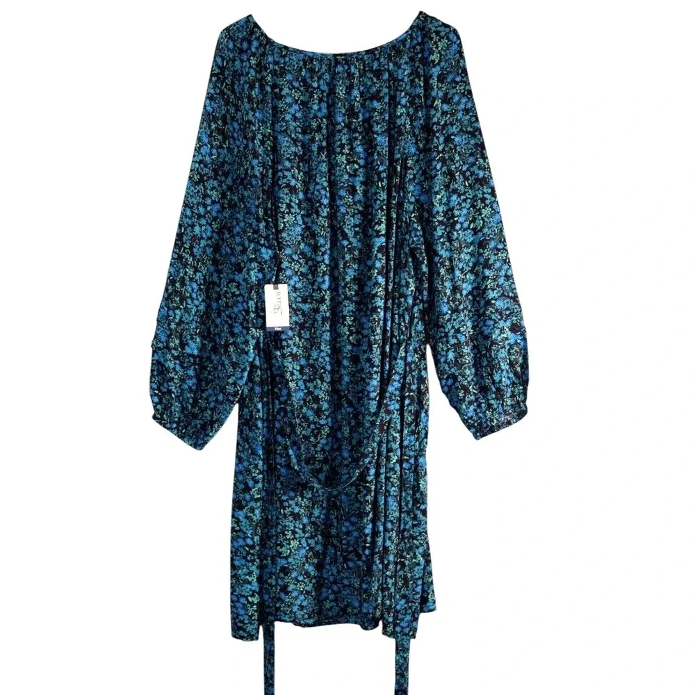 Terra & Sky Women's 3X Dress Blue Floral Cottagecore‎ Peasant Spring Drape NWTs